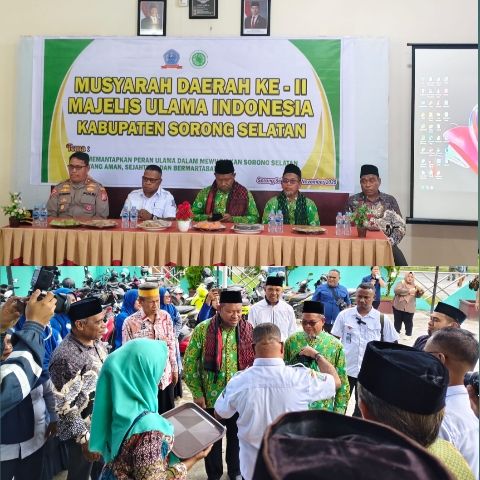 Wakil Bupati Sorsel Mengampigi Wakil Gubernur Provinsi Papua Barat Membuka musyawarah majelis ulama Indonesia ke II Sorsel